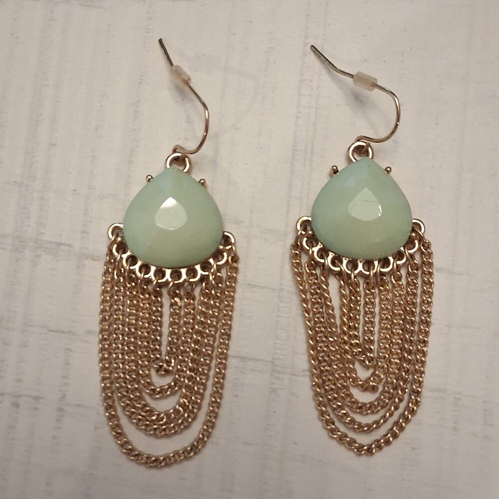 Mint Green Drop Earrings with Facted Pear Shaped Cabochon & Gold Tone Chain